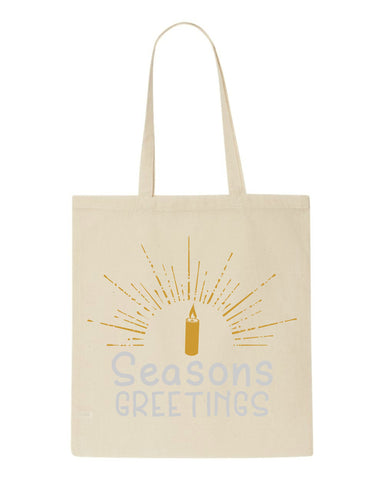 Seasons greetings golden candle metallic print tote style shopping bag