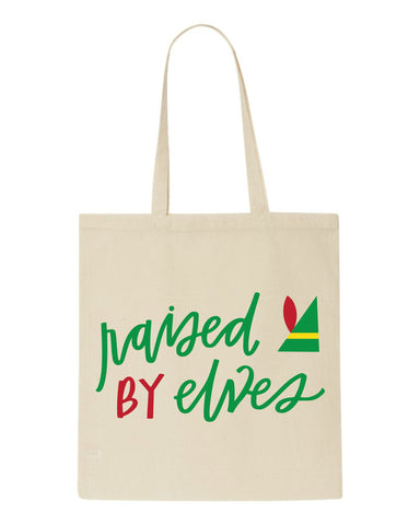 Raised by elves tote style shopping bag