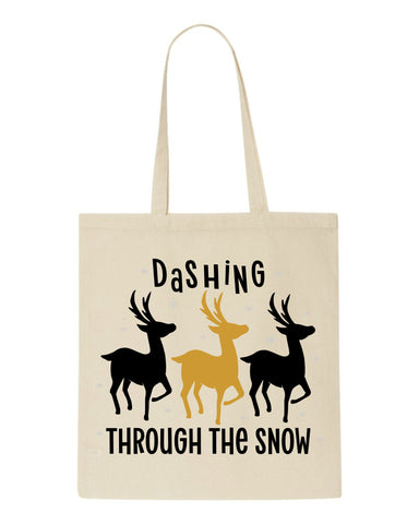 Dashing through the snow reindeers style tote style shopping bag